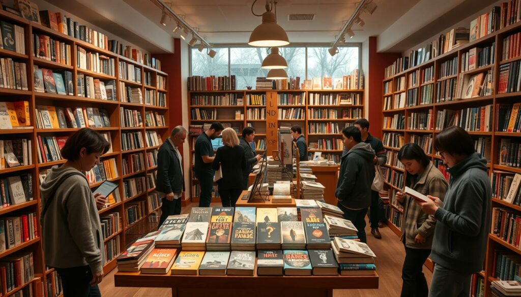 A cozy, well-lit bookstore interior with a prominent display of the most popular e-books of 2024. The shelves are neatly arranged, showcasing a variety of genres and cover designs. Soft, warm lighting illuminates the space, creating a inviting and comfortable atmosphere. In the center, a large display table features the top-selling e-book titles, with their covers prominently displayed. Customers browse the selection, some reading on their e-readers, others perusing physical copies. The overall scene conveys a sense of literary discovery and the continued popularity of digital publishing.