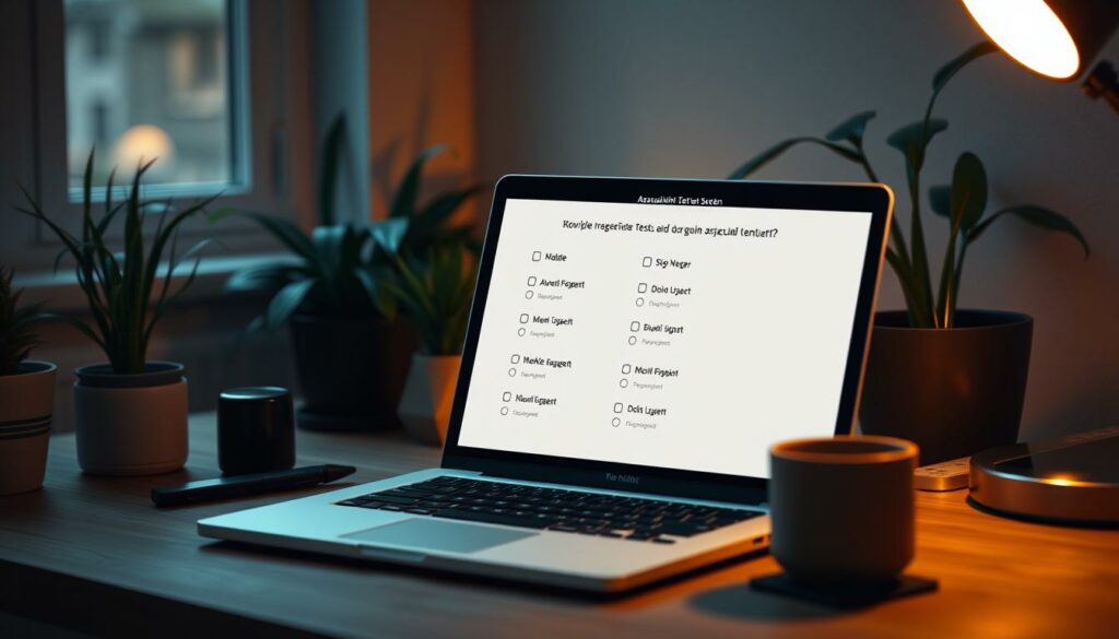 A cozy, well-lit home office setting with a wooden desk, potted plants, and a laptop displaying a questionnaire titled "Asexualität Test Fragen". The questionnaire should have a clean, minimalist design with carefully crafted multiple-choice questions to assess the user's asexual tendencies. Soft, warm lighting illuminates the scene, creating a contemplative and introspective atmosphere. The overall tone should be inviting, encouraging the viewer to engage with the test and reflect on their own identity and experiences.