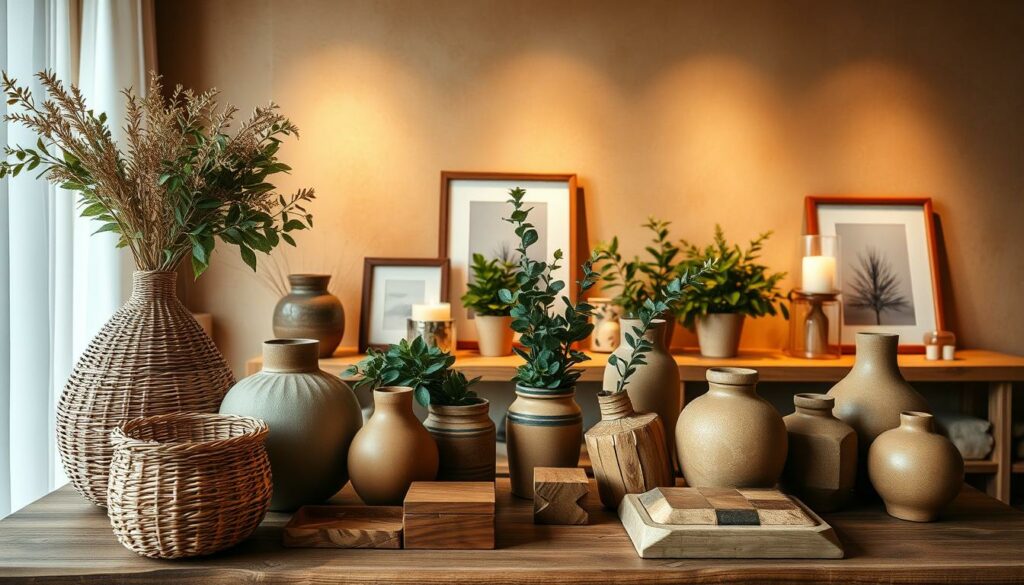 A cozy, well-lit interior setting with rustic, handcrafted home decor items arranged artfully on a wooden table. In the foreground, a collection of natural woven baskets, ceramic vases, and wooden trinket boxes in earthy tones. In the middle ground, a mix of lush potted plants, scented candles, and framed artwork in minimalist frames. The background features a warm, neutral-toned wall with subtle textural details, creating a serene and inviting ambiance. The lighting is soft and diffused, accentuating the natural materials and handmade qualities of the decorative pieces. An overall atmosphere of understated elegance and handcrafted charm.
