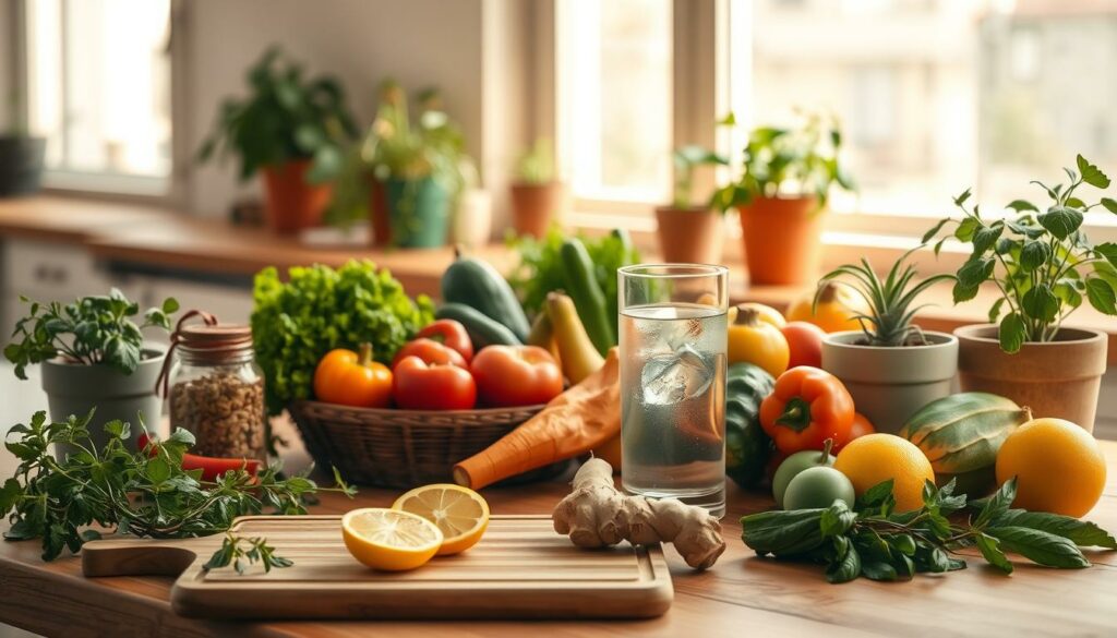 A cozy, well-lit kitchen setting with an array of fresh, vibrant vegetables and fruits on a wooden table. In the foreground, a cutting board with sliced lemon, ginger, and a glass of detox water. Potted herbs and plants adorn the scene, creating a serene, natural atmosphere. Warm, diffused lighting casts a soft glow, emphasizing the earthy tones and textures. A minimalist, clean-lined aesthetic with pops of green and citrus accents, conveying a sense of simplicity and wellness. The overall mood is one of calm, rejuvenation, and practical, everyday detox tips.