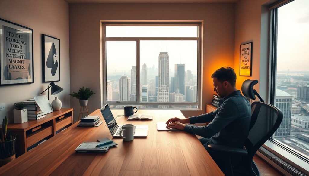 A cozy, well-lit office interior with an expansive wooden desk, a large window overlooking a bustling city skyline, and a modern ergonomic chair. On the desk, a laptop, a mug of steaming coffee, and a neatly organized array of office supplies. The walls are adorned with minimalist artwork and motivational quotes, creating a serene and productive atmosphere. The lighting is a warm, golden hue, casting a soft glow throughout the space. In the foreground, a person is seated at the desk, deeply engaged in their work, their face illuminated by the glow of the screen. The scene conveys a sense of focus, efficiency, and a commitment to maximizing productivity, even amidst the temptation of frequent holidays.
