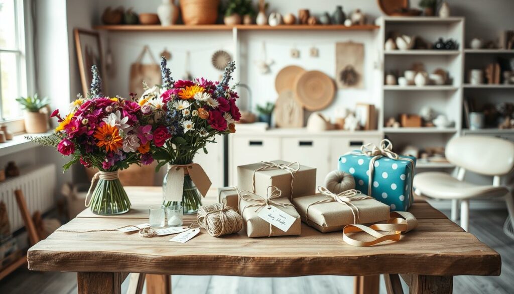 A cozy, well-lit studio space with a rustic wooden table as the focal point. Carefully arranged on the table are an assortment of creative gift wrapping ideas - vibrant floral bouquets, handmade paper tags, twine, and ribbons in a variety of textures and colors. Soft, natural lighting filters in, casting a warm glow over the scene. In the background, simple shelves display an array of handmade crafts and decorative elements, hinting at the homemade nature of the gifts. The overall atmosphere is one of effortless elegance and DIY charm, reflecting the theme of "Selbst gemachte Geschenke" and the section "Verpackungsideen für selbst gemachte Geschenke".