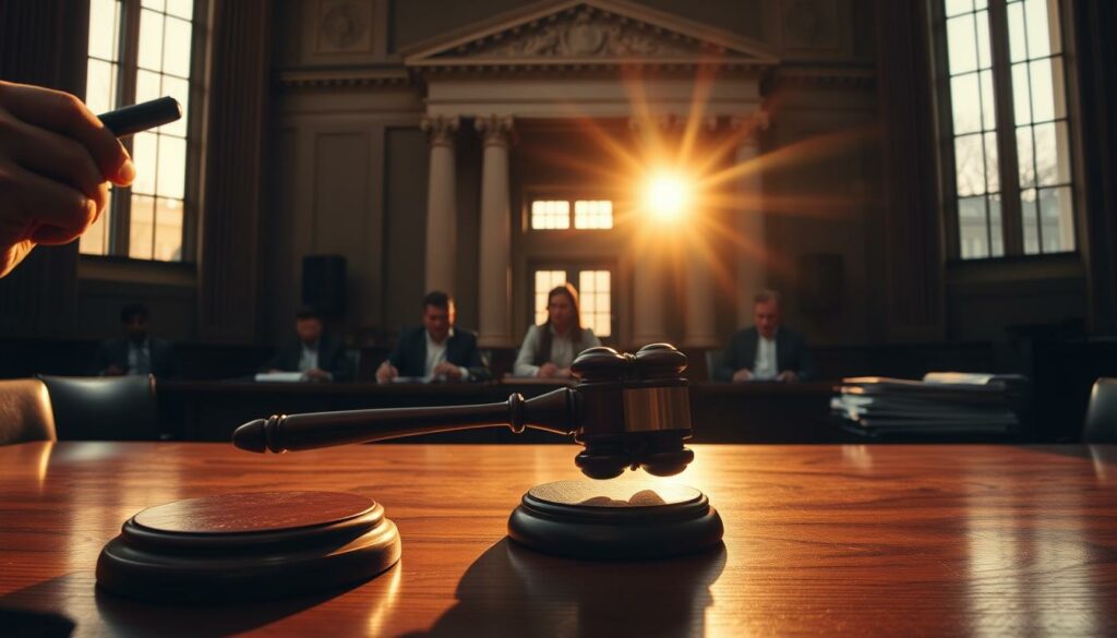A crisp, high-contrast courtroom scene, bathed in the warm glow of a setting sun through tall windows. In the foreground, a judge's gavel slams down, casting a dramatic shadow across the polished wood table. Middle ground reveals a panel of stern-faced financial experts, poring over stacks of documents. In the background, the imposing facade of a government building, its classical columns and ornate architecture symbolizing the weight of justice. An atmosphere of gravity and consequence pervades, foreshadowing the legal reckoning to come in the Wirecard scandal.
