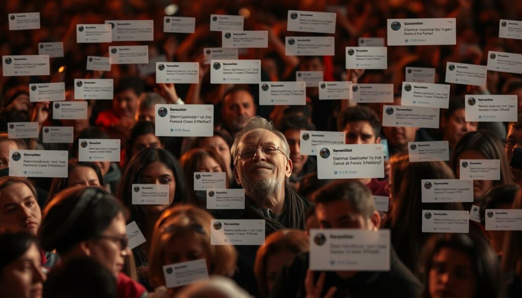 A crowd of concerned fans gathered on social media, their expressions filled with empathy and care as they collectively send well-wishes to Dietmar Ganshofer, the beloved Paldauer singer. The scene depicts a digital canvas of heartfelt messages, posts, and online tributes, conveying the genuine outpouring of support from the singer's loyal fanbase. The warm lighting and soft, muted tones create a somber yet hopeful atmosphere, reflecting the community's concern for Ganshofer's recovery from his recent health scare. The focus is on the sincere emotional connection between the fans and their cherished artist, capturing the power of social media to unite people in times of uncertainty.