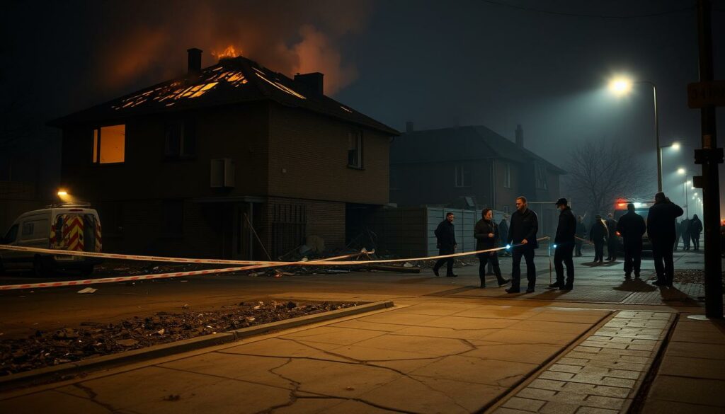 A dark, cinematic scene of the crime scene in Dortmund, Germany. In the foreground, a smoldering, charred building, its windows shattered and smoke billowing from the roof. Police officers and forensic investigators canvass the area, their flashlights and crime scene tape illuminating the somber atmosphere. In the middle ground, a cracked sidewalk and rubble from the damaged structure, hinting at the intensity of the blaze. The background is shrouded in a hazy, moody lighting, creating a sense of mystery and unease. The overall tone is one of investigation and the search for answers, capturing the essence of the "Tatort" crime drama series.