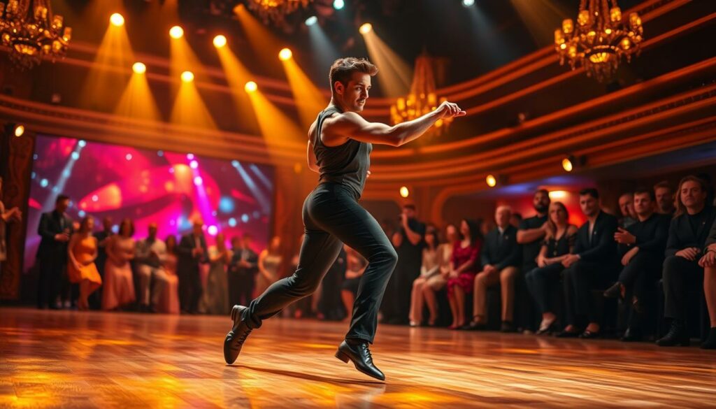 A dazzling stage illuminated by warm, golden spotlights, showcasing the captivating dance moves of Evgeny Vinokurov. He glides effortlessly across the polished hardwood floor, his lithe frame gracefully twisting and turning to the rhythm of the music. The background is a blur of vibrant colors, hinting at the energy and passion of his performance. Vinokurov's face is etched with determination, his eyes locked in a focused gaze as he loses himself in the dance. The camera captures this moment in a low-angle shot, emphasizing the power and artistry of his movements. Surrounding him, the audience is transfixed, their faces alight with admiration for this skilled and captivating dancer.