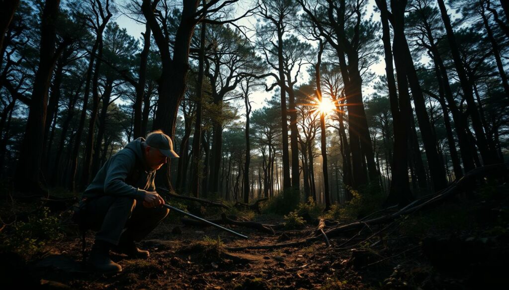 A dense, primeval forest at dusk. The dappled sunlight filters through the towering canopy of ancient oaks and pines, casting long shadows on the forest floor. In the foreground, a hunter with a weathered face and a keen eye crouches, carefully examining the ground for tracks and other signs of its quarry. The air is still, save for the occasional snap of a twig or the distant call of a bird. The hunter's senses are heightened, alert to the slightest movement or sound that could lead them to their target. This is the scene of a careful, methodical "Nachsuche" - the art of tracking and pursuing wounded game through the tangled undergrowth of the Brandenburg wilderness.