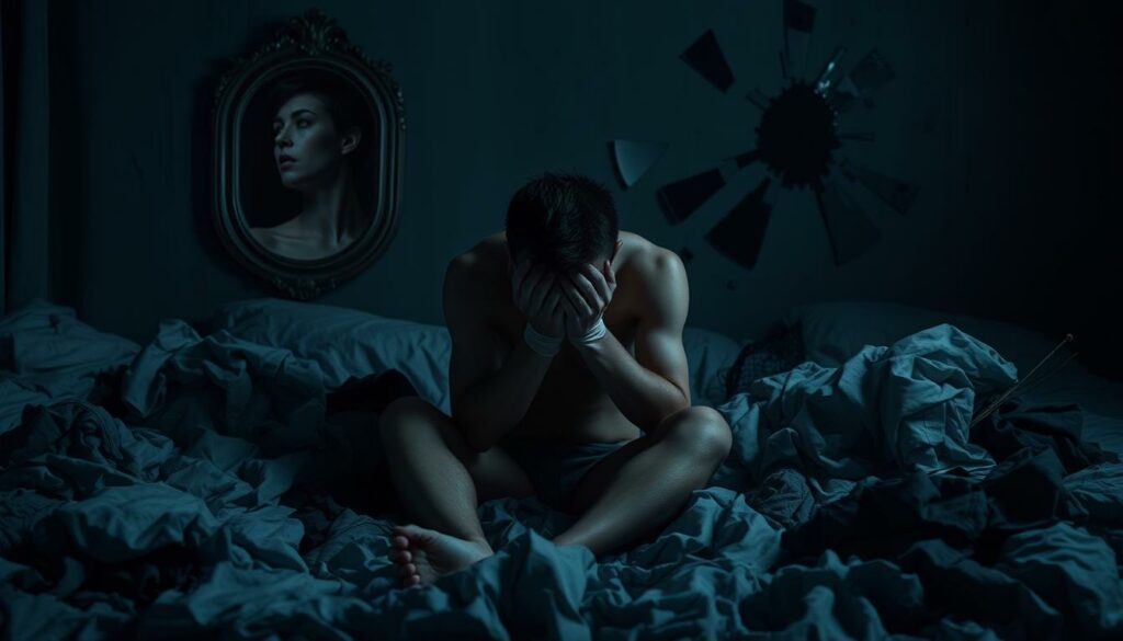 A despondent figure sits alone, head in hands, surrounded by a chaotic tangle of tangled bedsheets and crumpled clothing. The lighting is low and moody, casting deep shadows that accentuate the subject's despair. In the background, a shattered mirror reflects a distorted, fragmented image, symbolizing the emotional and psychological damage of sex addiction. The color palette is muted, with a predominance of grays and blues, evoking a sense of melancholy and hopelessness. The composition is deliberately off-center, creating a sense of imbalance and unease. Overall, the scene conveys the heavy emotional toll and personal consequences of compulsive sexual behavior.
