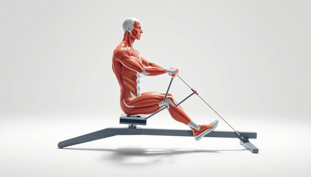 A detailed anatomical diagram showcasing the key muscle groups engaged during rowing. The illustration features a stylized human figure in a dynamic rowing pose, with a translucent overlay highlighting the major muscle regions, including the lats, biceps, deltoids, traps, and core. The figure is set against a clean, minimalist background, illuminated by soft, directional lighting to accentuate the muscular definition. The overall aesthetic is scientific, educational, and visually engaging, suitable for use in an article on rowing equipment and exercise.