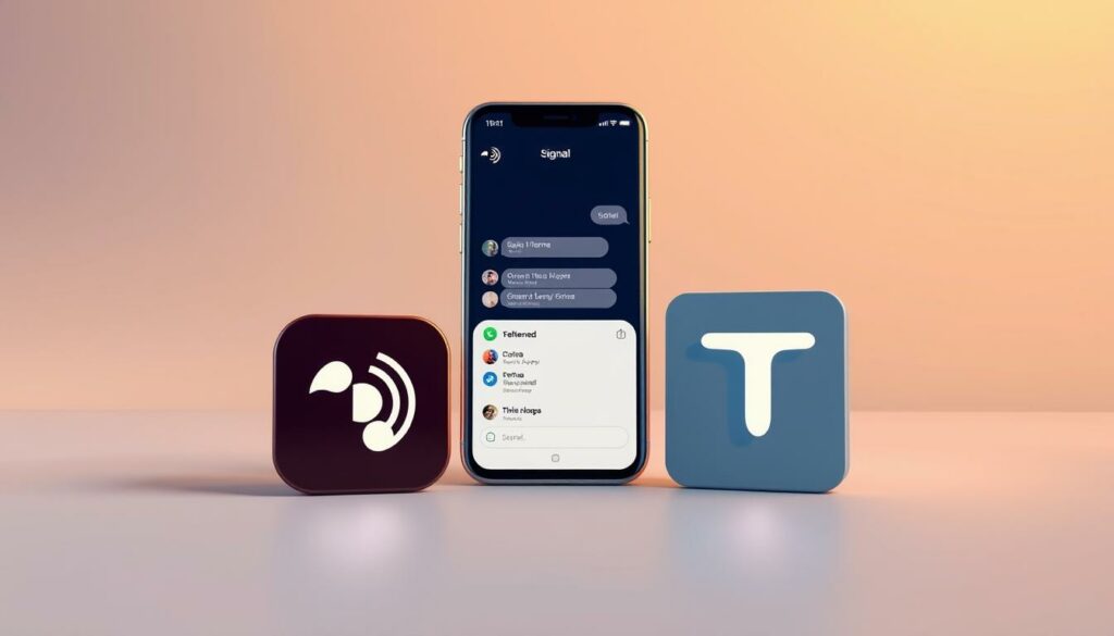 A detailed and meticulously crafted illustration of the Signal and Threema mobile messaging apps, set against a serene and minimalist backdrop. The foreground showcases the app icons and logos, rendered with a sleek, polished aesthetic. The middle ground depicts the app interfaces, highlighting their clean and intuitive designs. The background features a soft, muted gradient, creating a sense of depth and emphasis on the focal point. The overall mood is one of simplicity, professionalism, and digital privacy - perfectly suited to represent secure messaging alternatives to data-hungry platforms. Warm, directional lighting from the top left casts subtle shadows, adding depth and dimension to the scene. A high-quality, detailed render in a widescreen aspect ratio.