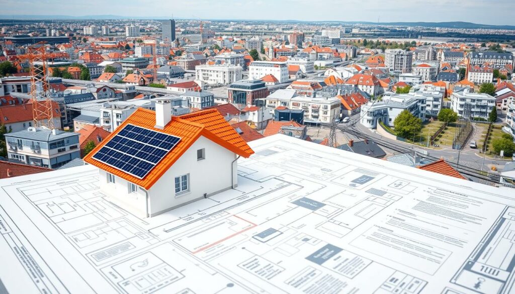 A detailed architectural blueprint of a solar power system installation, showcasing the legal regulations and guidelines governing its construction and operation in Germany. The foreground highlights a 3D model of a residential rooftop solar array, with technical diagrams and schematics outlining the required permits, safety standards, and grid interconnection protocols. The middle ground features a collage of official government documents, regulations, and legal codes, while the background depicts a cityscape with various buildings and infrastructure, emphasizing the broader context of sustainable energy policies. The lighting is clean and even, with a technical, engineering-focused aesthetic that conveys the serious, professional nature of the subject matter.