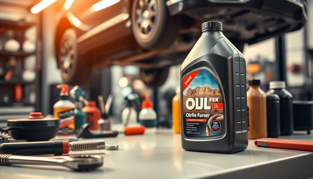 A detailed close-up view of an oil change service, with an array of tools, oil bottles, and car parts arranged neatly on a clean workshop table. The lighting is warm and soft, creating a professional and authoritative atmosphere. The focal point is a large, glossy, modern engine oil bottle, its label prominently displayed. In the background, a blurred image of a car's undercarriage is visible, suggesting the context of an automobile repair shop. The overall composition conveys a sense of expertise, attention to detail, and the importance of proper oil maintenance for a well-functioning vehicle.