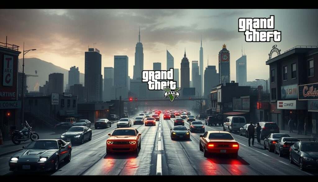 A detailed comparison of the iconic Grand Theft Auto series, showcasing the evolution of the open-world gameplay, visuals, and narrative across multiple entries. Set in a cinematic, high-contrast lighting, the scene depicts iconic vehicles, characters, and cityscapes from various GTA titles, seamlessly blended together to highlight the series' progression and legacy. Rendered with a realistic, gritty aesthetic, the image conveys the thrill and chaos that has captivated players for decades, inviting the viewer to explore the rich history and diversity of the Grand Theft Auto franchise.