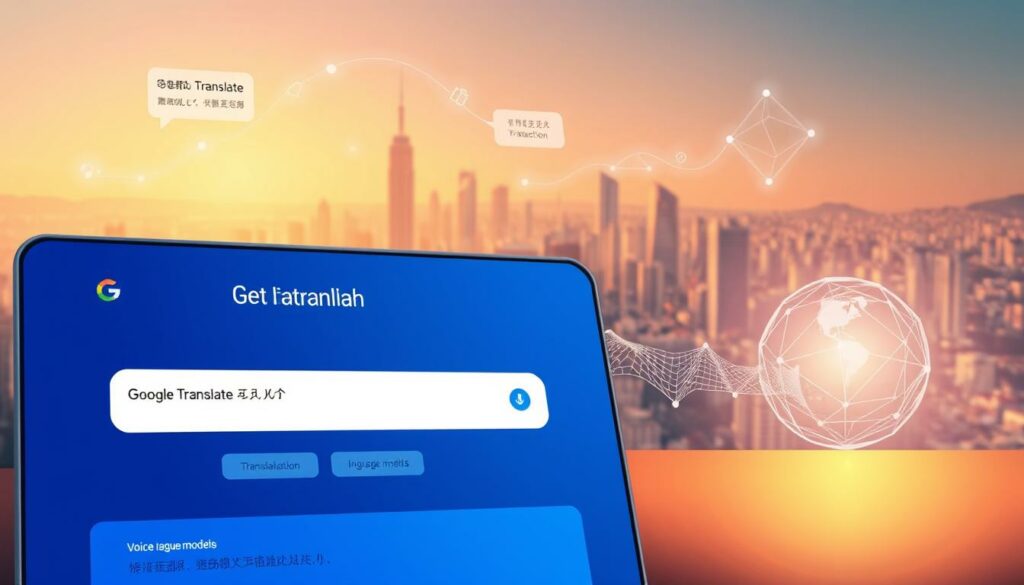 A detailed digital illustration depicting the key features of Google Translate. In the foreground, a stylized representation of the Google Translate interface, showcasing the translation input field, language detection, and voice input options. In the middle ground, visual metaphors for the translation algorithms and language models, with flowing data streams and geometric shapes. In the background, a minimalist cityscape representing the global reach and multilingual capabilities of the service, bathed in a warm, inviting color palette. The scene is illuminated by soft, directional lighting, creating depth and emphasizing the technological sophistication of the application.