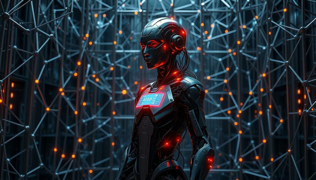 A detailed, high-tech digital avatar standing in a futuristic, metallic environment. The avatar is constructed from intricate polygons and wires, with a sleek, minimalist design. Glowing circuits and holographic displays emanate from the avatar, hinting at the advanced technology powering its existence. The background is dominated by a matrix of interconnected lines and shapes, creating a sense of depth and complexity. Muted, industrial colors like steel, copper, and neon accents convey a sense of technological sophistication. Dramatic lighting casts dramatic shadows, highlighting the avatar's sharp edges and futuristic aesthetic. The overall scene communicates the advanced, sophisticated nature of AI-driven digital avatars.