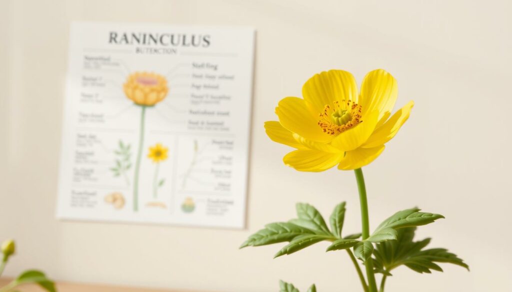 A detailed illustration depicting the medicinal applications of the Ranunculus (Buttercup) flower. In the foreground, a realistic close-up view showcases the delicate yellow petals and distinctive lobed leaves of the Ranunculus plant. The middle ground features a scientific diagram highlighting the various parts of the flower and their corresponding medicinal properties, with labels and callouts. In the background, a soft, neutral environment allows the botanical subject to be the central focus. The lighting is natural and diffused, creating a warm, contemplative atmosphere. The overall composition and level of detail convey the importance of this humble wildflower in traditional and modern herbal medicine.
