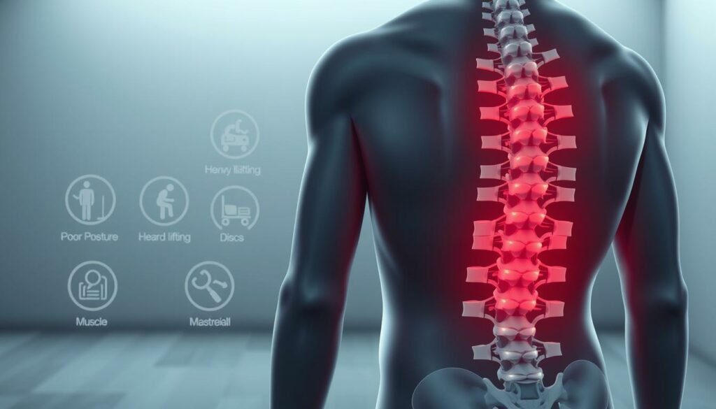 A detailed illustration of common causes of lower back pain. In the foreground, a human spine rendered in a technical, anatomical style, highlighting key vertebrae, discs, and muscle groups. In the middle ground, icons or simplified illustrations representing factors like poor posture, heavy lifting, herniated discs, and muscle strain. The background is a clean, minimalist environment with subtle lighting, creating a calm, informative atmosphere to aid comprehension. The overall composition should balance scientific accuracy with visual clarity, guiding the viewer's understanding of this common health issue.