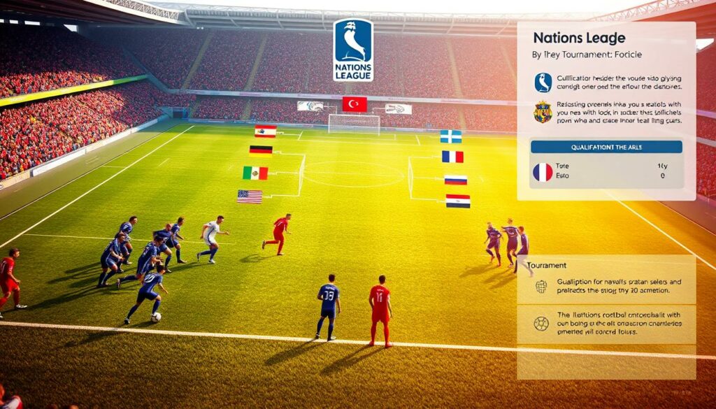 A detailed illustration of the Nations League gameplay mode. The foreground depicts two national teams facing off on a lush, meticulously rendered football pitch, with players in full kit engaged in a dynamic match. The middle ground showcases the tournament bracket, with flags representing the participating nations. The background blends a panoramic stadium view and a subtle graphical overlay highlighting key tournament information, such as qualification criteria and fixture schedules. The lighting is natural, with warm tones reflecting the intensity of the competition. The overall mood conveys the excitement and prestige of the international tournament.