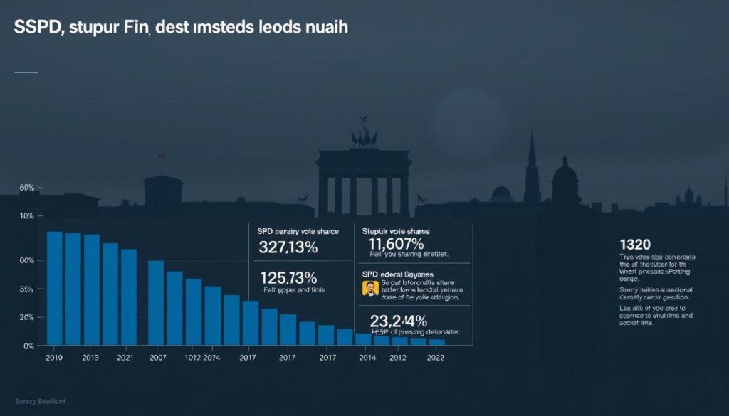 A detailed infographic depicting the decline of the Social Democratic Party (SPD) in Germany since the 2021 federal election. A somber, data-driven visualization set against a muted, grey background. The foreground features a bar chart showing the SPD's dwindling vote share over time, rendered in sober tones of blue. The middle ground showcases key statistics and percentages highlighting the party's waning political fortunes. In the background, a silhouetted cityscape of Berlin represents the broader political landscape. The overall mood is one of contemplation and concern, reflecting the SPD's pressing challenges in the wake of their electoral losses.