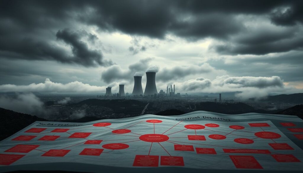 A detailed landscape depicting a nuclear escalation risk analysis. In the foreground, a complex diagram of interconnected risk factors and potential triggers, rendered in shades of red and orange to convey a sense of danger and urgency. The middle ground features a cityscape shrouded in ominous gray clouds, hinting at the catastrophic consequences of nuclear conflict. In the background, a looming silhouette of a nuclear power plant, its imposing presence casting an unsettling shadow over the scene. Dramatic lighting emphasizes the gravity of the situation, with a moody chiaroscuro effect heightening the sense of tension and foreboding. The overall composition evokes a feeling of unease and the pressing need for careful strategic analysis to mitigate the nuclear threat.
