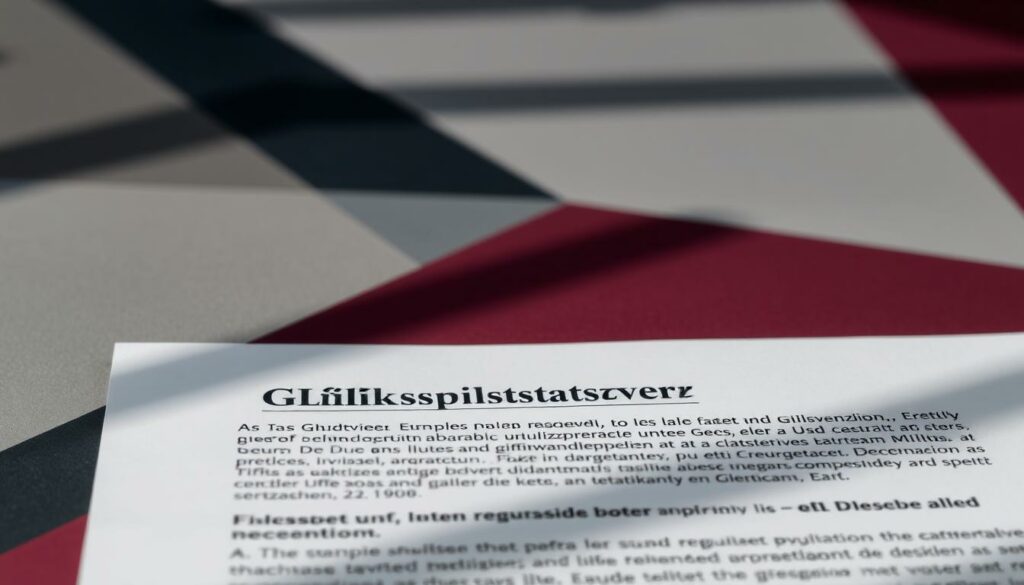 A detailed, modern legal document with a formal, official appearance. The foreground shows the title "Glücksspielstaatsvertrag" in bold, authoritative text. The middle ground depicts various legal paragraphs and subsections in fine print, conveying the complex regulations. The background features an abstract geometric pattern in muted, professional colors like gray, navy, and burgundy, evoking a sense of structure and order. Subtle lighting casts shadows that add depth and dimensionality to the overall composition. The image has a clean, polished aesthetic that reflects the serious, regulated nature of the subject matter.