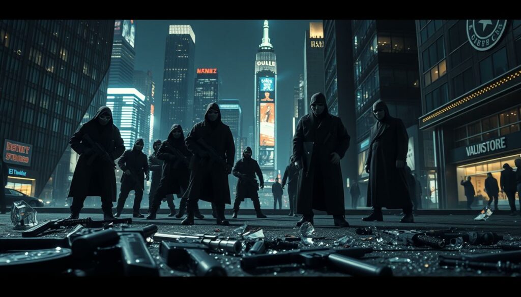 A detailed scene depicting the historic and cultural significance of robberies and heists. In the foreground, a group of masked figures silently coordinate a high-stakes operation, their body language intense and purposeful. The middle ground reveals the aftermath - shattered glass, discarded weapons, and the unsettling stillness of a crime scene. In the background, towering skyscrapers and neon-lit cityscapes evoke a sense of urban unease, hinting at the complex societal forces that give rise to such dramatic events. Dramatic chiaroscuro lighting casts dramatic shadows, heightening the tension and mystery. The overall atmosphere is one of cautious reverence, as if this tableau captures a pivotal moment in a larger narrative of cultural significance.