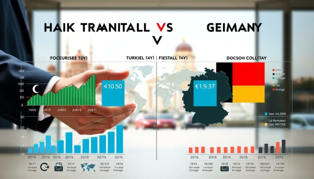A detailed side-by-side comparison of hair transplant costs in Turkey versus Germany. The foreground depicts a sleek infographic with crisp graphs and charts, highlighting the price differences between the two countries. The middle ground shows a pair of hands holding a map, emphasizing the geographical contrast. The background features a soft, blurred cityscape of Istanbul and Berlin, conveying the international scope. The lighting is clean and bright, with a professional, informative tone. The angle is a centered, flat perspective to clearly showcase the key data and visuals.
