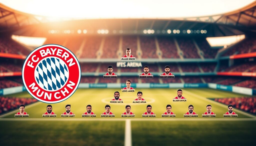 A detailed soccer team roster for FC Bayern München, showcased in a clean, elegant layout. The foreground features the club's iconic crest, surrounded by headshots of key players in their home jerseys, captured with a shallow depth of field. The middle ground depicts the team's formation and positions, presented in a tactical diagram style. The background is a soft, blurred image of the Allianz Arena stadium, bathed in warm, golden lighting to convey a sense of pride and prestige. The overall atmosphere is one of professionalism, precision, and the club's storied legacy.