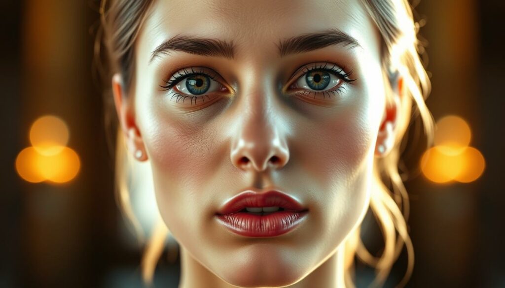A detailed, symmetrical facial analysis showcasing the key features of feminine beauty. Centered on a serene, youthful female face with delicate, harmonious bone structure, high cheekbones, full lips, and large, expressive eyes. Backlit by warm, golden lighting to accentuate the graceful contours. Captured at a slight angle with a shallow depth of field, blurring the background and focusing attention on the face's intricate, balanced proportions. The overall mood is one of serene elegance and timeless allure.