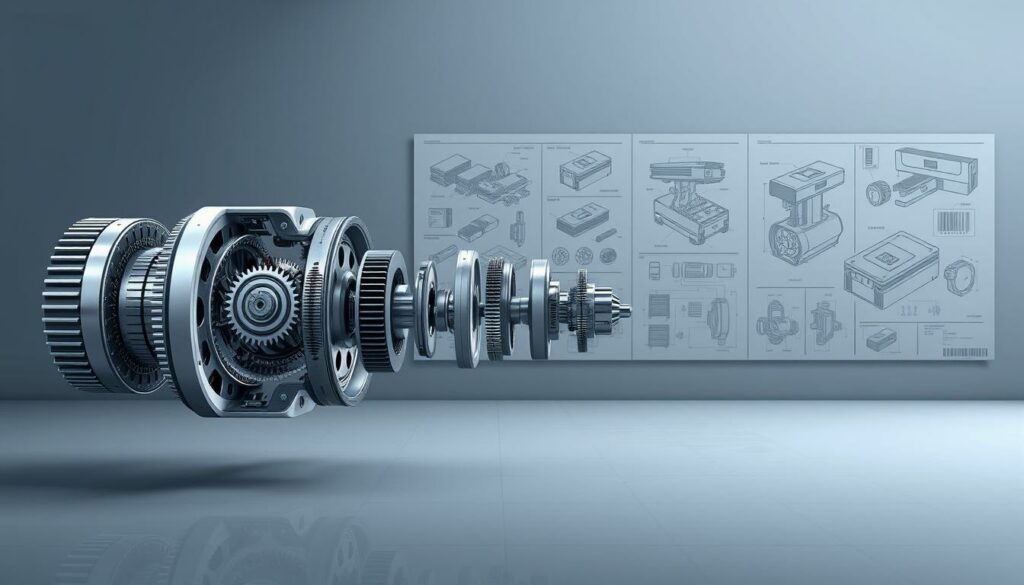 A detailed technical schematic showcasing the intricate mechanical components and engineering specifications of a high-end consumer product. The foreground displays an exploded view of the inner workings, highlighting gears, circuits, and precision-engineered parts in a clean, technical illustration style. The middle ground features detailed product schematics, 3D models, and technical diagrams, presented against a minimalist backdrop of muted grays and blues. The background subtly implies a futuristic, cutting-edge aesthetic, with hints of metallic textures and subtle lighting effects that contribute to an overall sense of advanced technology and innovative design.