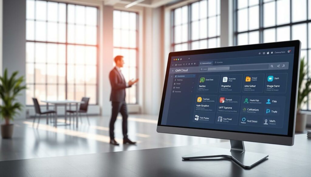 A detailed, well-lit digital illustration of the "GMX Cloud-Funktionen" interface. In the foreground, a sleek, modern desktop computer screen displays the GMX Cloud dashboard, showcasing a clean, intuitive user interface with various icons and options for file storage, sharing, and collaboration. In the middle ground, a business professional interacts with the system, gesturing towards the screen. The background features a minimalist office setting with large windows, allowing natural light to pour in and create a bright, airy atmosphere. The overall composition conveys a sense of efficiency, productivity, and the seamless integration of cloud-based tools into the modern workplace.