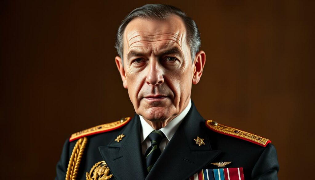 A dignified portrait of Sir Sean Connery, the iconic James Bond actor, adorned with prestigious awards and accolades. Set against a warm, subdued background, Connery's confident gaze and distinguished features are illuminated by soft, dramatic lighting. His military-style uniform, complete with medals and decorations, reflects his storied career and the recognition he has earned. The composition emphasizes the actor's poise and command, capturing the essence of a true cinematic legend honored for his remarkable contributions to the world of entertainment.