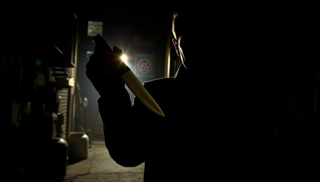 A dimly lit, atmospheric film noir scene of a mysterious crime drama. In the foreground, a shadowy figure holds a gleaming knife, casting a long, dramatic shadow. The middle ground features a cluttered, shadowy urban setting with narrow alleys and fire escapes, hinting at a dangerous, enigmatic story. The background is shrouded in darkness, creating a sense of suspense and unease. Dramatic chiaroscuro lighting casts sharp contrasts, emphasizing the knife's metallic edge and the protagonist's intense, brooding expression. The overall mood is one of intrigue, tension, and the promise of unexpected twists and turns, perfect for illustrating an article on Daniel Craig's diverse acting roles beyond James Bond.