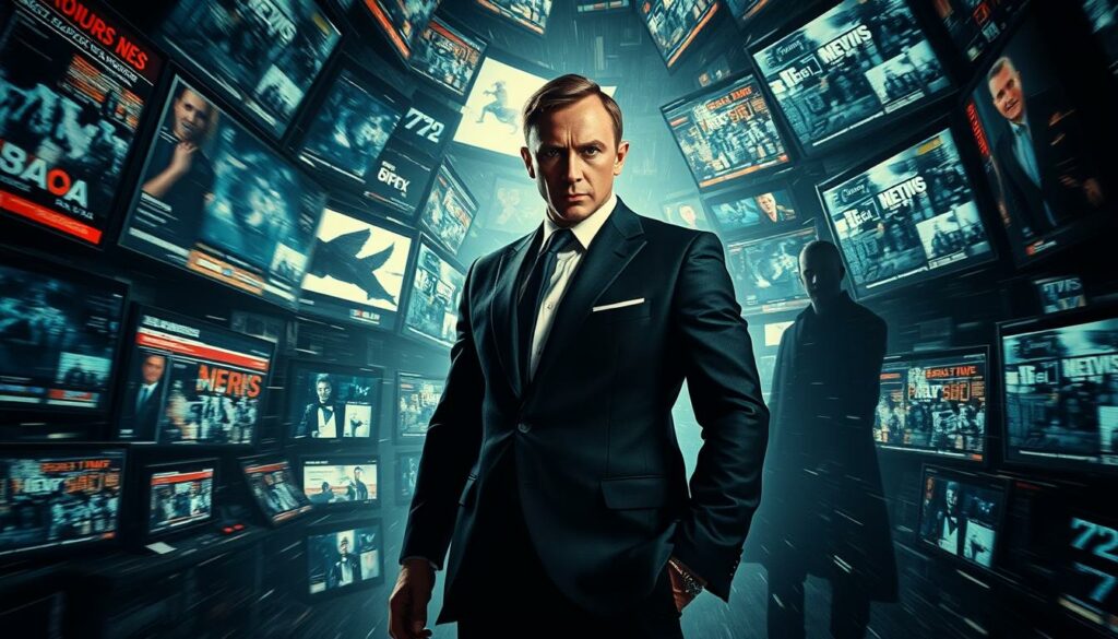 A dimly lit, cinematic scene of James Bond, the iconic secret agent, surrounded by a swirling vortex of news headlines, television screens, and digital devices. In the foreground, Bond stands resolute, his steely gaze piercing through the chaos of media manipulation that swirls around him. The middle ground is a kaleidoscope of distorted images, blurred text, and flickering displays, hinting at the deceptive nature of information in the modern world. In the background, a shadowy figure lurks, symbolizing the unseen forces that orchestrate the manipulation of the media. The lighting is dramatic, with chiaroscuro shadows and highlights accentuating the tension and suspense of the scene. The overall atmosphere conveys a sense of unease and the need to untangle the web of media-driven deception.