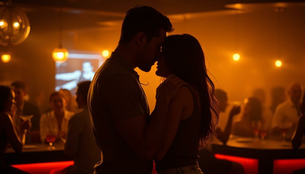 A dimly lit cocktail bar, the air thick with excitement and anticipation. In the foreground, two former classmates, locked in a passionate embrace, their bodies silhouetted against the soft glow of the bar's mood lighting. Their hands explore familiar curves, rekindling long-buried desires. In the middle ground, other patrons sip their drinks, oblivious to the intimate moment unfolding before them. The background is hazy, blurred, focusing the viewer's attention on the central pair, their unexpected reunion radiating a palpable sense of electricity and unspoken history. Warm, golden tones set the tone, creating an atmosphere of sensual indulgence and forbidden pleasures.