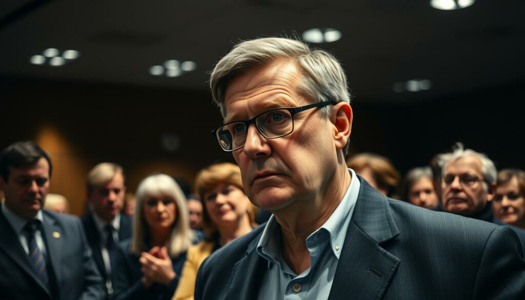 A dimly lit conference room, the atmosphere charged with political tension. In the foreground, Ralf Stegner, a senior Social Democratic Party (SPD) politician, stands resolute, his brow furrowed in deep contemplation. Behind him, a group of activists from the peace movement, their faces etched with a mixture of determination and concern, engage in a heated debate. The lighting is subdued, casting dramatic shadows that accentuate the gravity of the moment. The scene is captured through a wide-angle lens, giving a sense of the larger context and the weight of the discussion. The overall mood is one of high-stakes deliberation, as the SPD grapples with its stance on Russo-Ukrainian conflict and the role of diplomacy in resolving the crisis.