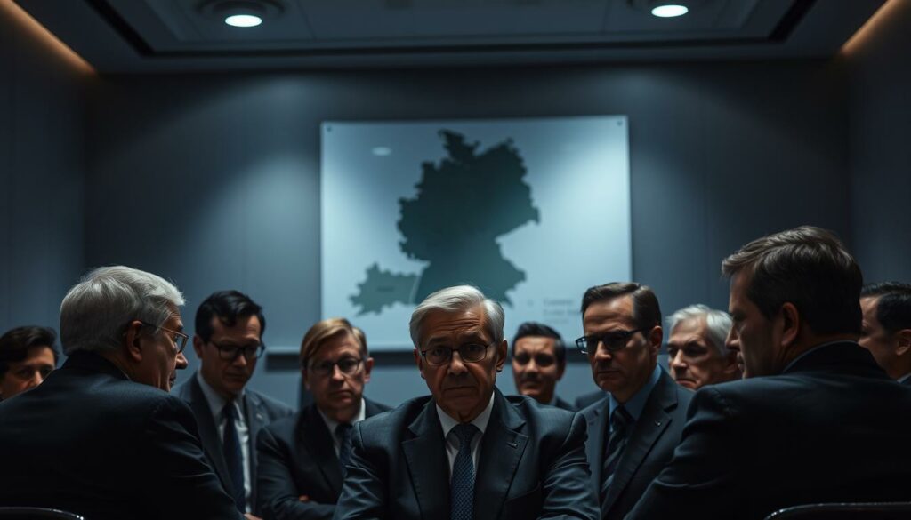A dimly lit conference room, the walls adorned with muted shades of gray and blue. At the center, a group of pensive politicians engaged in a serious discussion, their faces etched with concern. The lighting casts dramatic shadows, emphasizing the gravity of the moment as they debate the future of the nation's security policy. In the background, a large map of Germany hangs, a subtle nod to the geopolitical implications of their decisions. The atmosphere is tense, yet focused, as they weigh the potential consequences and next steps with the utmost care and consideration.