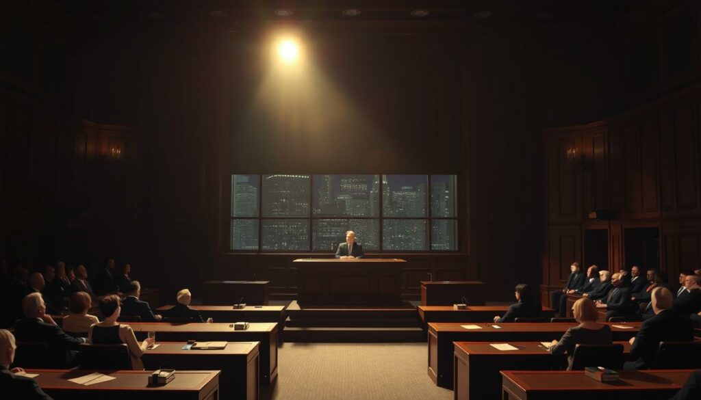 A dimly lit courtroom in New York City, the scene of a high-profile retrial. The judge's bench stands at the center, illuminated by a warm spotlight, casting shadows across the somber faces of the attendees. The prosecution and defense tables are arranged in an imposing formation, suggesting the gravity of the proceedings. In the background, a large window offers a glimpse of the bustling city skyline, a visual contrast to the weighty atmosphere within. The lighting is dramatic, creating a sense of tension and anticipation as the case unfolds. The camera angle is slightly elevated, providing an objective, yet immersive perspective on the judicial process.