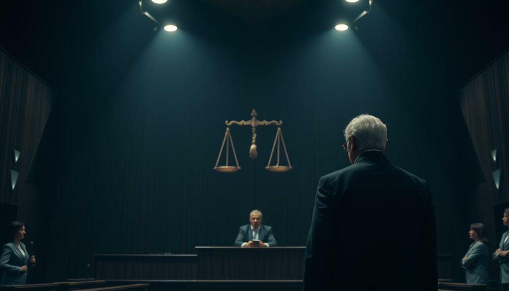 A dimly lit courtroom, the defendant standing before a stern-faced judge. The air is thick with tension as the verdict is read - a guilty sentence, a term of imprisonment. In the background, the scales of justice hang heavy, a symbol of the weight of the law. Muted colors and shadows cast an ominous atmosphere, the scene a stark reminder of the consequences of wrongdoing. The sharp angles of the architecture lend a sense of rigid formality, while the overall composition conveys a somber, contemplative mood. This is the backdrop to a high-profile case, a cautionary tale of the justice system in action.