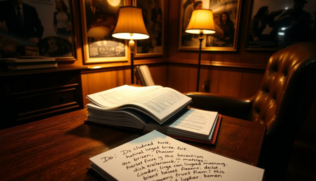 A dimly lit, cozy study with a rich, mahogany desk and leather armchair. On the desk, a stack of film reviews and critiques, each page meticulously annotated. The walls are adorned with film posters, casting dramatic shadows across the room. A lone lamp casts a warm, focused glow, illuminating the thoughtful contemplation of the film's reception. In the foreground, a hand-written note captures the essence of the "Kritik und Rezeption" section - insightful analysis, nuanced perspectives, and an exploration of the film's emotional impact on audiences. The overall atmosphere is one of academic rigor and cinematic appreciation.