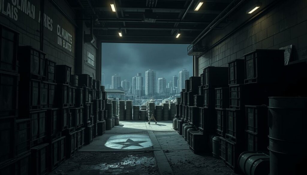A dimly lit, gritty industrial depot in an urban European setting. Rows of unmarked metal crates and barrels are stacked haphazardly, casting ominous shadows. The air is thick with tension, hinting at the illicit contents within. Overhead, security cameras and floodlights suggest a hidden, heavily guarded operation. In the background, a cityscape of towering concrete buildings looms, symbolic of the broader conflict. The scene conveys a sense of danger and the clandestine nature of the Hamas activities taking place, setting the stage for the article's subject matter.