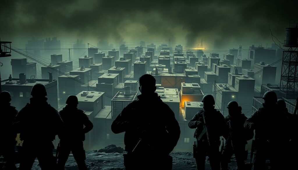 A dimly lit, gritty urban landscape depicting the complex structure and internal conflicts within the Hamas organization. In the foreground, a group of armed militants in tactical gear stand vigilant, their faces obscured by shadows. In the middle ground, a network of interconnected offices and command centers, conveying the intricate web of leadership and decision-making. The background is shrouded in a haze of uncertainty, hinting at the broader regional tensions and power struggles that shape the Hamas' strategies and objectives. The scene is illuminated by harsh, directional lighting, casting deep shadows and emphasizing the sense of tension and unease. The overall atmosphere is one of foreboding and complexity, reflecting the nuanced and multifaceted nature of the Hamas organization.