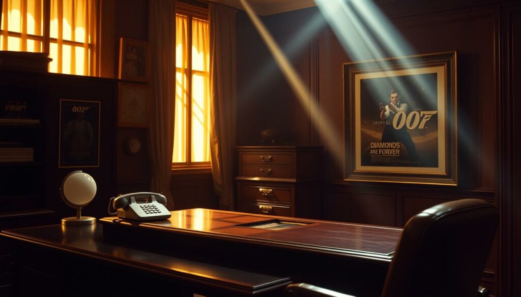 A dimly lit, luxurious 1970s film production office, with a sleek mahogany desk, a vintage telephone, and a framed movie poster of "Diamonds Are Forever" prominently displayed. Rays of warm, golden light filter through the window, casting a soft glow on the scene. The atmosphere is one of sophistication and cinematic nostalgia, reflecting the classic James Bond film's production details and behind-the-scenes workings. The camera angle is slightly elevated, providing a comprehensive view of the meticulously crafted environment, capturing the essence of the film's iconic status and the attention to detail that went into its creation.