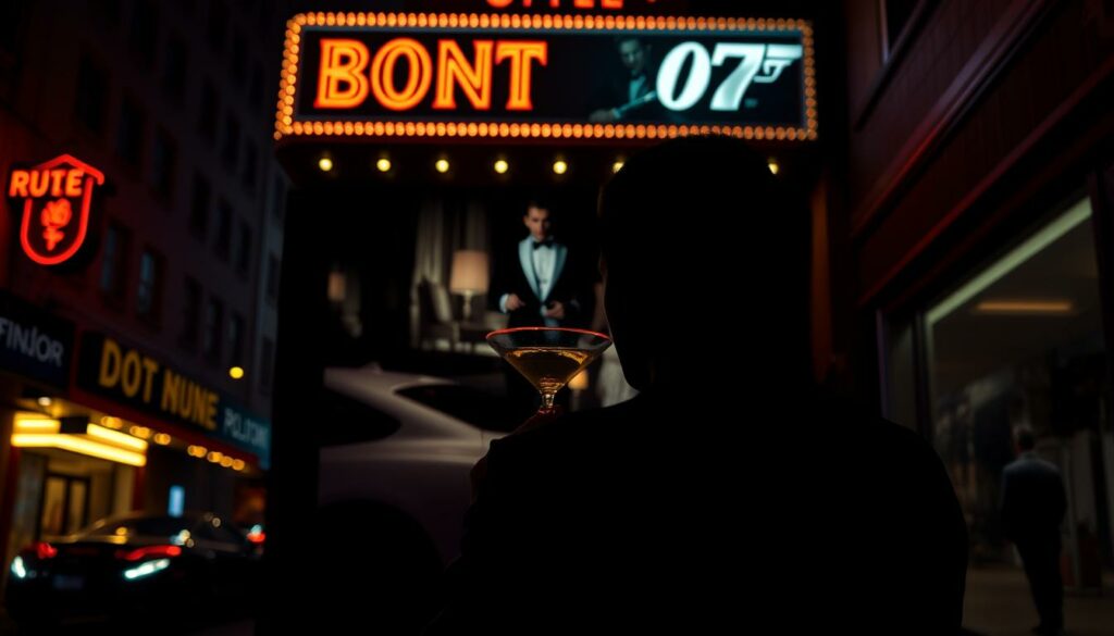 A dimly lit movie theater, its marquee casting a neon glow on the streets outside. In the foreground, a silhouetted figure holding a martini glass, their gaze transfixed on the screen. The background is a collage of iconic Bond imagery - a tuxedo-clad figure, a sleek sports car, a shadowy villain's lair. The lighting is dramatic, with chiaroscuro contrasts and a moody, atmospheric quality. The camera angle is slightly low, giving a sense of scale and grandeur to the scene. The overall mood is one of mystery, intrigue, and a touch of playful irreverence - a nod to the "non-canonical" Bond productions that have captivated audiences over the years.