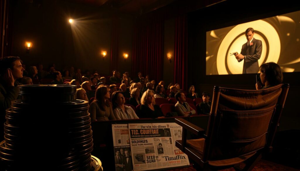 A dimly lit movie theater, the audience enraptured by the larger-than-life figure of James Bond on the silver screen. Dramatic lighting casts shadows across their faces, reflecting the intensity and suspense unfolding before them. In the foreground, a stack of vintage film reels and a well-worn director's chair, hinting at the creative process behind the iconic 1964 film "Goldfinger." The middle ground features a collage of vintage movie posters, newspaper clippings, and critic reviews, capturing the zeitgeist and critical reception of this seminal Bond adventure. The background is shrouded in a warm, golden glow, evoking the film's title and the opulent world of espionage it portrays. An atmosphere of anticipation and reverence permeates the scene, as the audience is transported back in time to the cultural moment when "Goldfinger" cemented the legacy of James Bond.