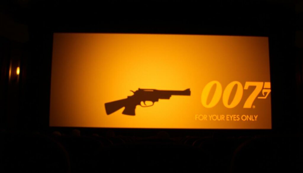 A dimly lit movie theater, the screen aglow with the iconic opening sequence of "For Your Eyes Only" - the 12th installment in the James Bond franchise. In the foreground, a close-up of Roger Moore's piercing gaze, his expression conveying a mix of determination and suave sophistication. The middle ground showcases the film's iconic gun barrel logo, casting a subtle shadow across the theater seats. In the background, the faint outline of the 007 logo and film title, bathed in a warm, golden light that evokes the nostalgic atmosphere of the 1980s. The scene exudes a sense of realistic espionage, a departure from the over-the-top spectacle of some earlier Bond films, reflecting the narrative's return to a more grounded, character-driven approach.