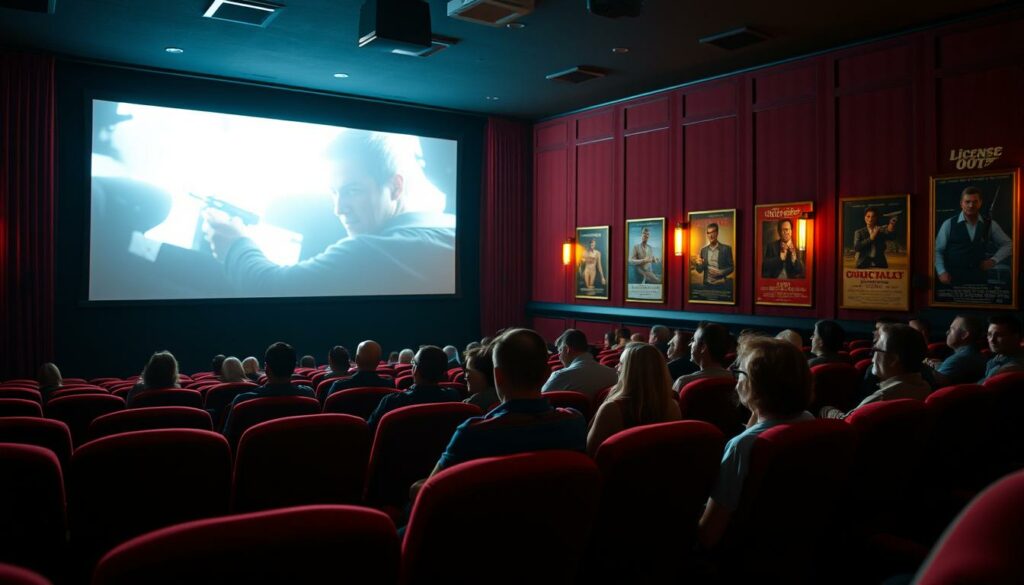 A dimly lit movie theater, the screen flickering with the iconic opening sequence of "Licence to Kill". Rows of plush red seats, the air thick with the nostalgic scent of popcorn. In the center, a group of cinephiles engrossed in the film, their faces illuminated by the silver glow. The walls adorned with vintage movie posters, a testament to the film's transformation from box office disappointment to cult classic. Warm lighting casts a cozy, vintage atmosphere, while the sound of the film's score swells, transporting the viewer back to a time when this once-maligned entry in the Bond franchise found its devoted following.