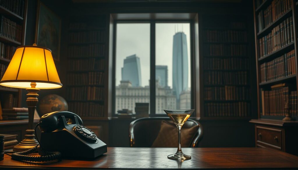 A dimly lit, old-fashioned study filled with the iconic tropes of classic James Bond films. In the foreground, a sleek black rotary telephone and a martini glass sit on a mahogany desk, illuminated by the warm glow of a desk lamp. In the middle ground, a towering bookcase overflows with leather-bound volumes, hinting at the sophisticated intellect of the spy genre. The background is shrouded in shadows, evoking a sense of mystery and intrigue, with a single window revealing the silhouette of a modernist skyscraper - a nod to the global reach of the Bond franchise. The overall scene radiates a moody, cinematic atmosphere, perfectly capturing the essence of the James Bond universe.