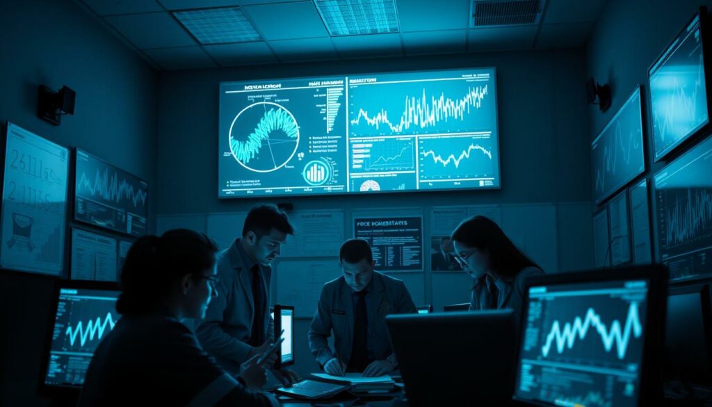 A dimly lit police station interior, the walls adorned with whiteboards and digital displays showcasing complex data visualizations and analytical graphs. In the foreground, a team of cybercrime investigators intently poring over evidence, their faces illuminated by the glow of computer screens. The atmosphere is tense, with a sense of urgency as they work to unravel the intricacies of the recent hacking attack. The scene is lit with a cool, bluish tone, creating a moody, high-tech ambiance that reflects the high-stakes nature of their investigation. The overall impression is one of a dedicated, tech-savvy police force grappling with the challenges of modern cybercrime.