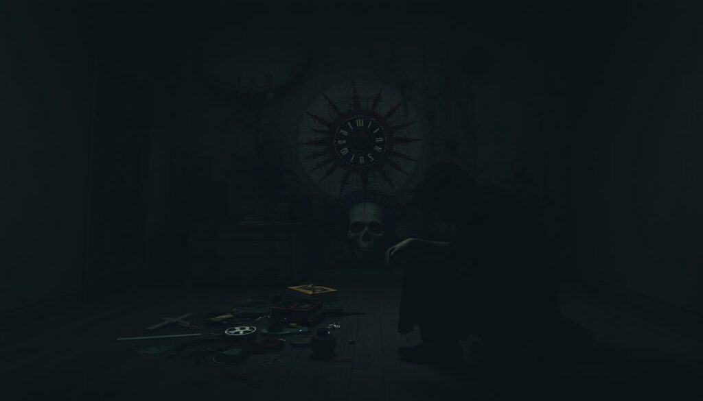 A dimly lit room, casting an ominous atmosphere. In the foreground, a shadowy figure sits hunched over, their face obscured in darkness. Scattered around them, ominous symbols and objects, hinting at a troubled psyche. The middle ground is filled with a sense of unease, a tangle of conflicting emotions and inner turmoil. The background is a chaotic, abstract landscape, representing the complex and multifaceted nature of the perpetrator's motives and psychological state. Soft, moody lighting creates a sense of tension and unease, as if the viewer is being drawn into the perpetrator's troubled mind. The overall composition suggests a deep dive into the complex and unsettling factors that may have led to this tragic event.